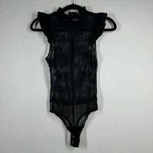 NBD x Revolve Freya Bodysuit Sheer Black Floral Lace Sleeveless Ruffle Medium